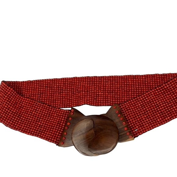 Rust Color Beaded Belt Gorgeous Intricately Hand Carved Walnut Wood Belt Buckle - Picture 5 of 5